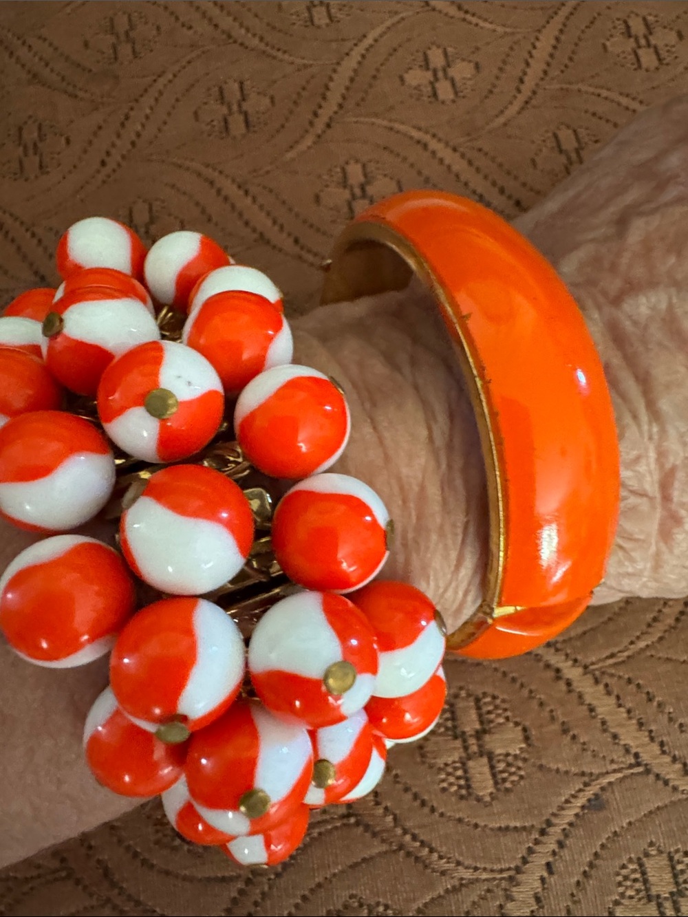 Orange and White Cluster Bead Bracelet with Orange Enamel Bangle